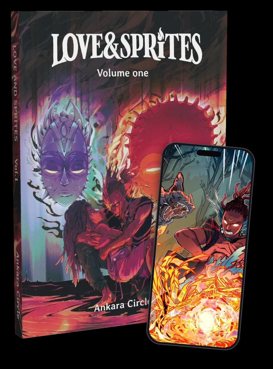 Love & Sprites Volume One hardcover with the digital edition on a phone